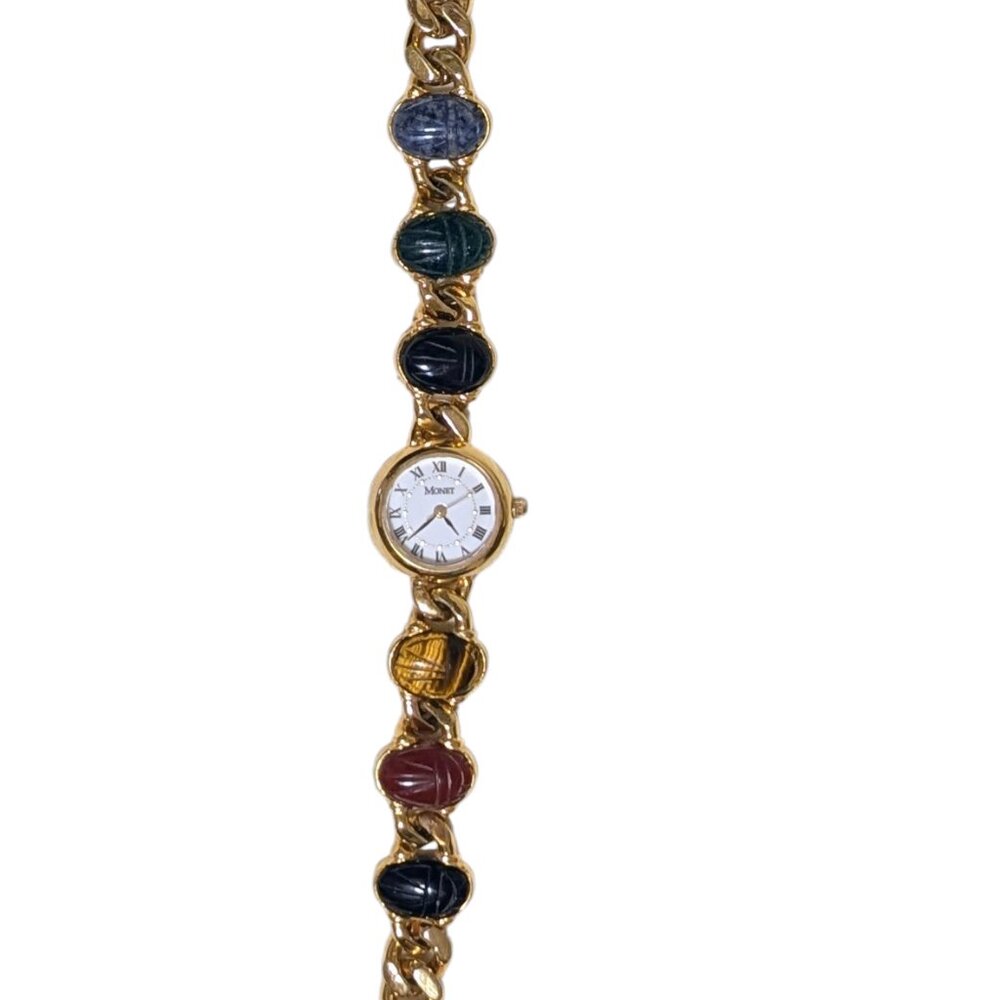 Vintage Monet Watch Scarab Beetle‎ Gemstone Goldtone Bracelet Band New Battery
